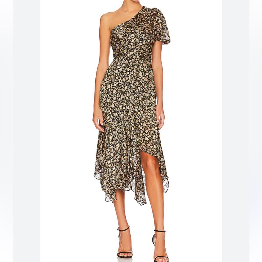 Astr One-Shoulder Floral Midi Dress in Black and Cream